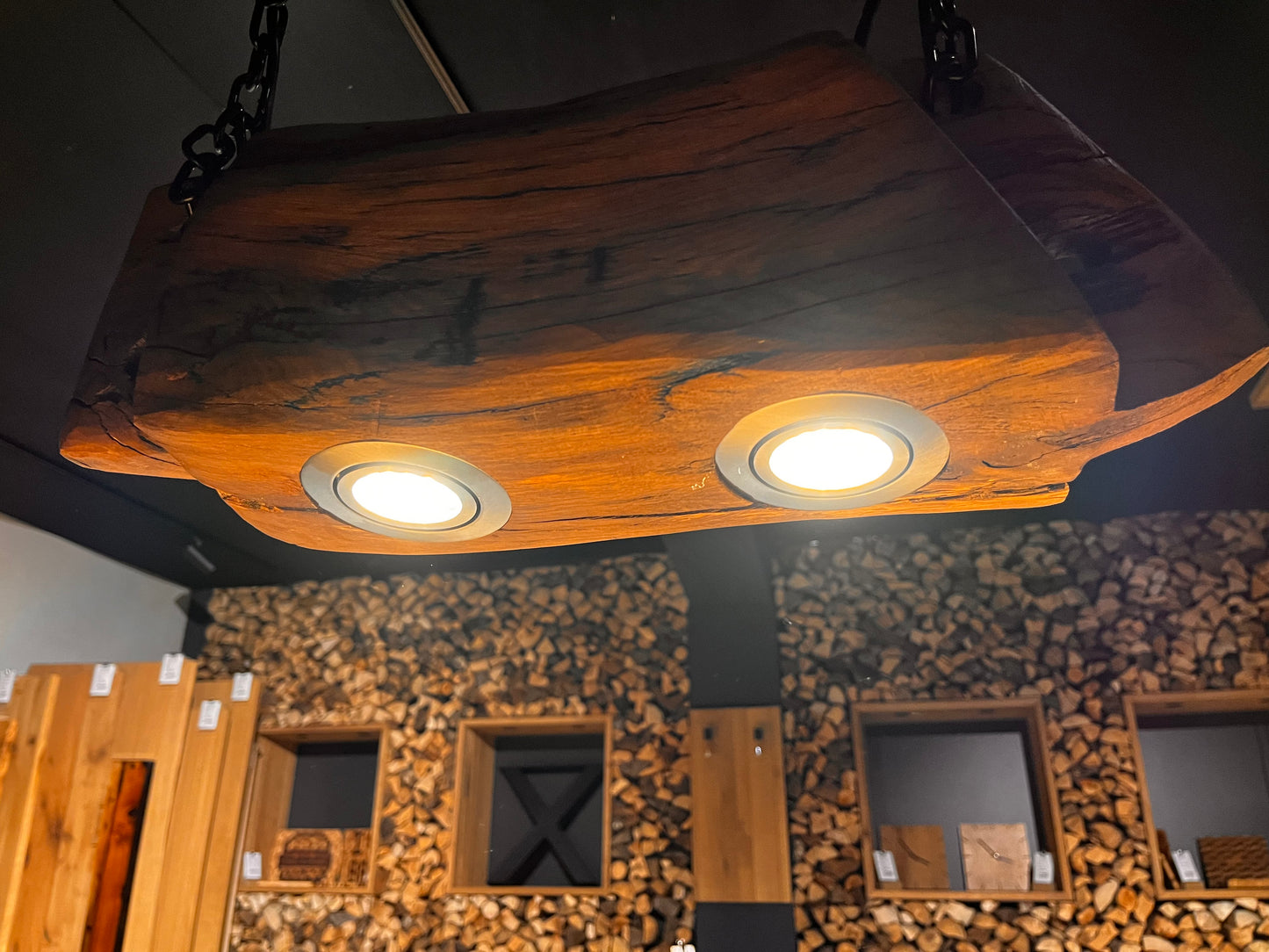 LED Alteiche Hängelampe, Deckenlampe, Alteiche Strahler mit zwei LED-Spots