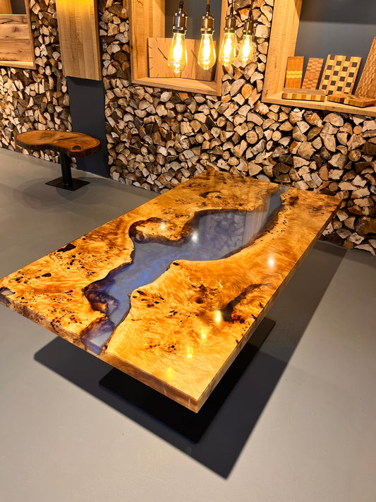 Massivholztischplatte - Maserpappel Epoxy Rivertable, blau/transparent